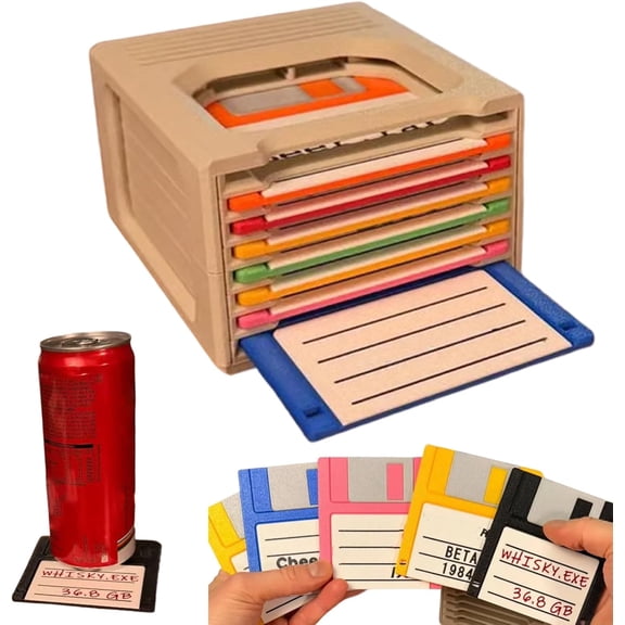 Retro Tech Office Desk Decor Coaster Set, Floppy Disk Coffee Mug Mats with Writable Labels for Boss & Programmer Gifts