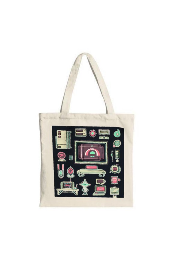 Retro Tech Tote Bag - Colorful vintage computer designs on a black canvas perfect for shopping travel and parties