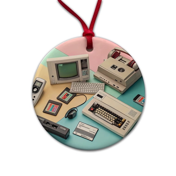 Retro Technology Collage Computer Christmas Tree Holiday Round Ceramic Ornament