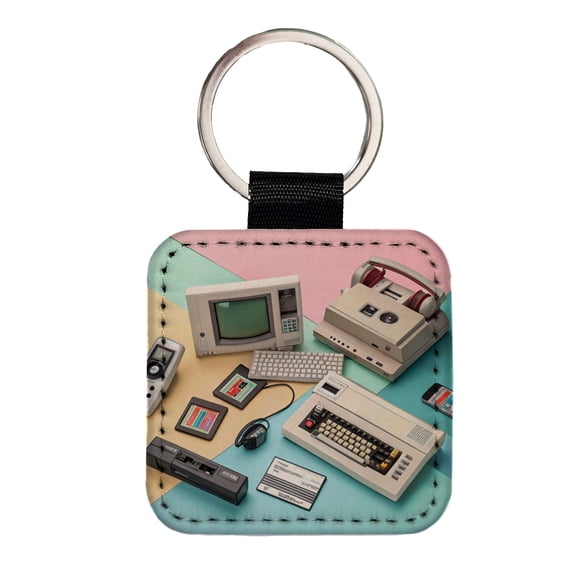 Retro Technology Collage Computer Faux Leather Square Keychain