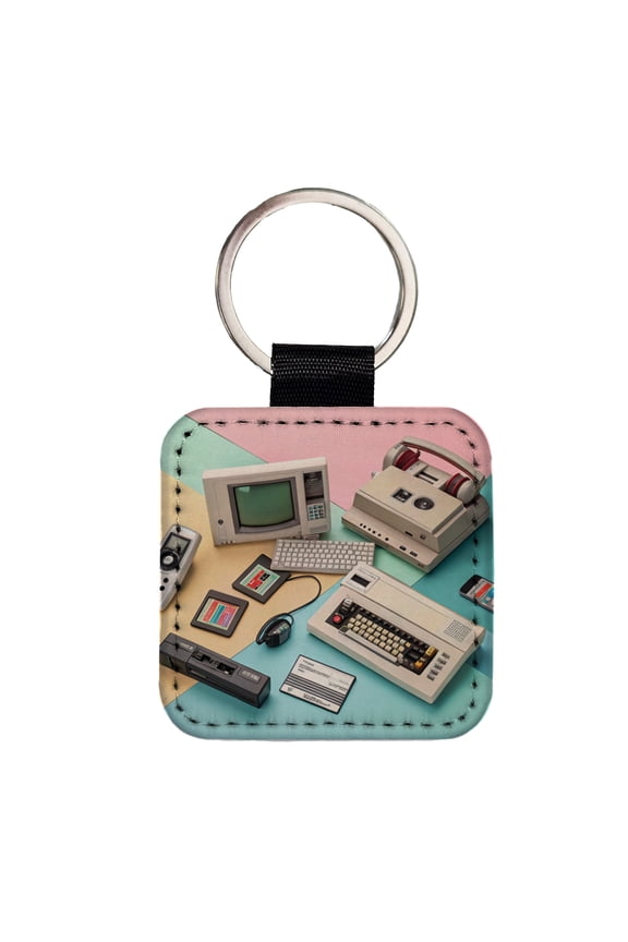 Retro Technology Collage Computer Faux Leather Square Keychain