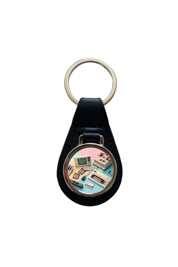 Retro Technology Collage Computer Metal Black Leather Keychain