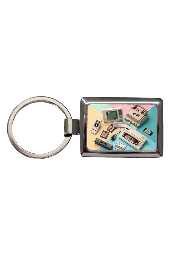 Retro Technology Collage Computer Metal Rectangle Keychain