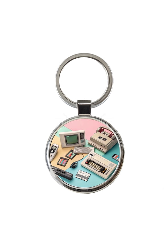 Retro Technology Collage Computer Metal Round Keychain