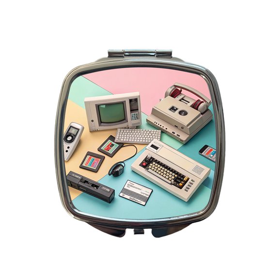 Retro Technology Collage Computer Travel Makeup Handbag Purse Small Pocket Compact Mirror