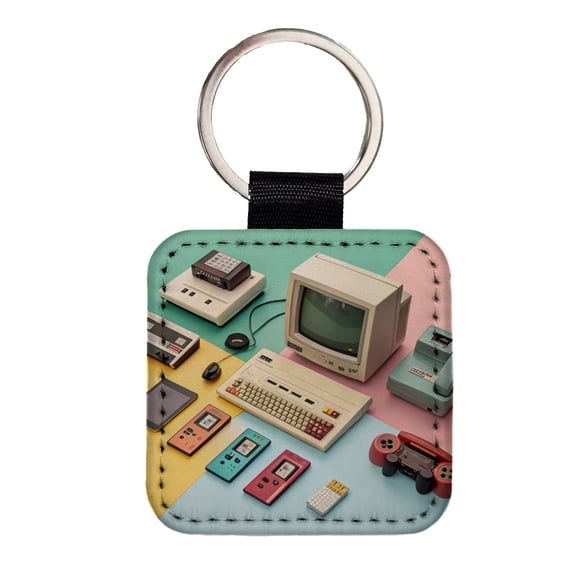 Retro Technology Device Computer Collage Faux Leather Square Keychain