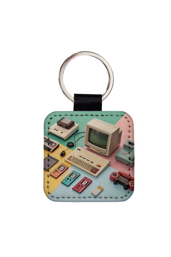 Retro Technology Device Computer Collage Faux Leather Square Keychain