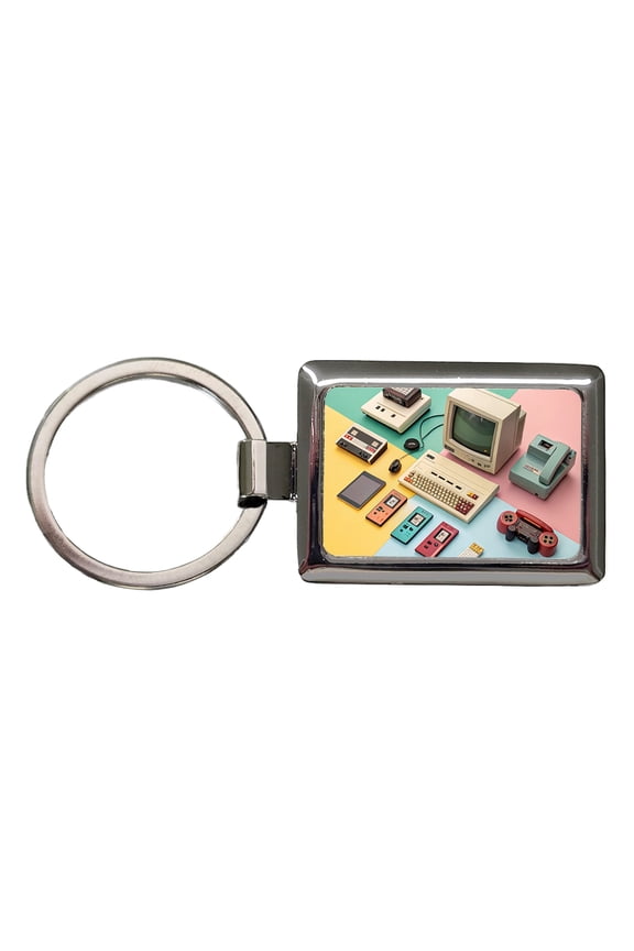 Retro Technology Device Computer Collage Metal Rectangle Keychain
