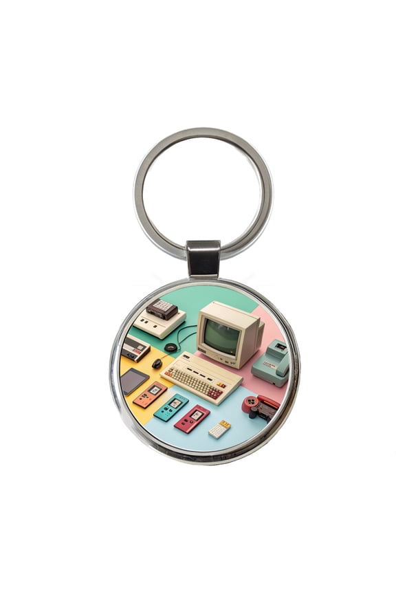 Retro Technology Device Computer Collage Metal Round Keychain