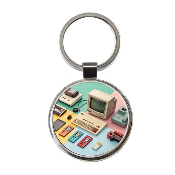 Retro Technology Device Computer Collage Metal Round Keychain
