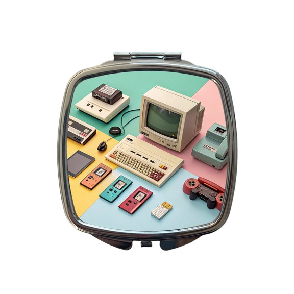Retro Technology Device Computer Collage Travel Makeup Handbag Purse Small Pocket Compact Mirror