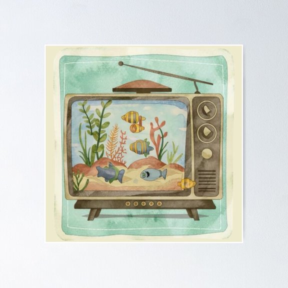 Retro Television Aquarium Channel Static Graphic Wall Art Office Decor, Unframed Poster