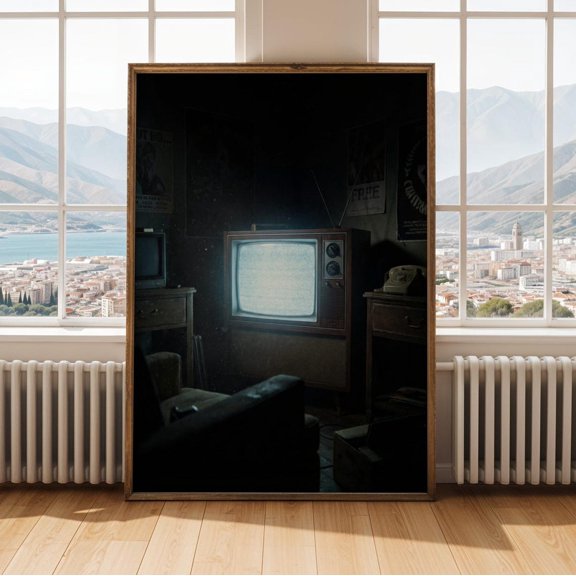 Retro Television Static Wall Art Print, Black Teal Modern Nostalgic Tech Decor