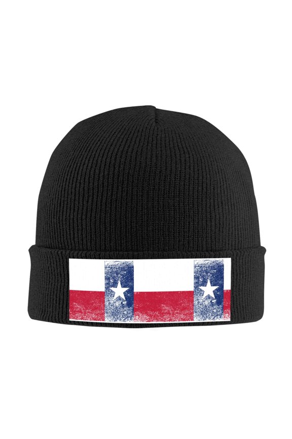 Retro Texas Flag Winter Beanie Hats for Men Women Warm Cozy Knitted Cuffed Skull Cap Black