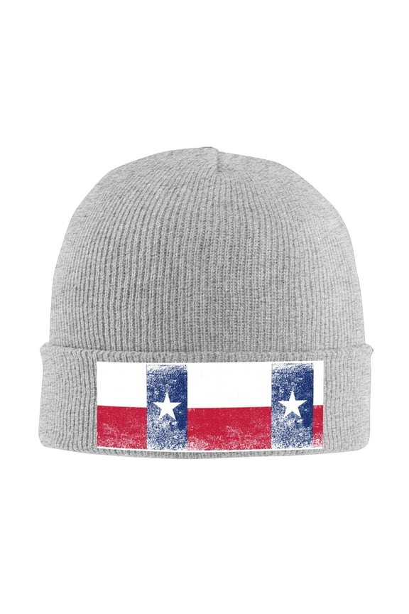 Retro Texas Flag Winter Beanie Hats for Men Women Warm Cozy Knitted Cuffed Skull Cap Gray