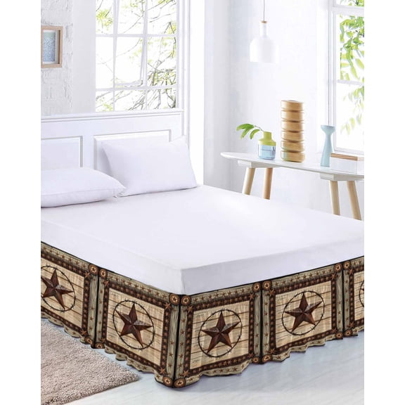 Retro Texas Star Bed Skirt California King Size 18 Inch Drop, Farmhouse Country Star Adjustable Elastic Dust Ruffles Bedskirt Wrap Around Pleated Mattress Frame Cover