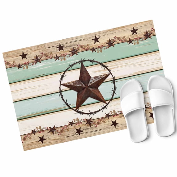 Retro Texas Star Door Mat Bless Our Home Farmhouse Teal Beige Wood Grain Non Slip Absorbent Entrance Mat Washable Low Profile Indoor Doormat for Front Door Entryway Entry 16"x24"