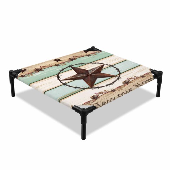 Retro Texas Star Elevated Dog Bed, Bless Our Home Farmhouse Teal Beige Wood Grain Cooling Breathable Outdoor Raised Dog Cot Bed with Metal Frame Non-Slip Feet for Small Dog 20x20in