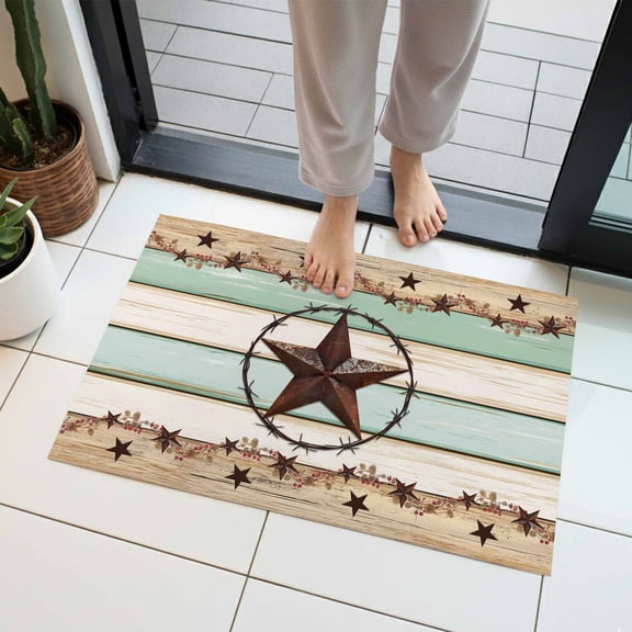 Retro Texas Star Indoor Door Mat 16x24 Inch Bless Our Home Farmhouse Teal Beige Wood Grain Front Door Mat Non Slip Washable Entryway Rug Low Profile Dirt Trapper Doormat for Bathroom Kitchen Bedroom