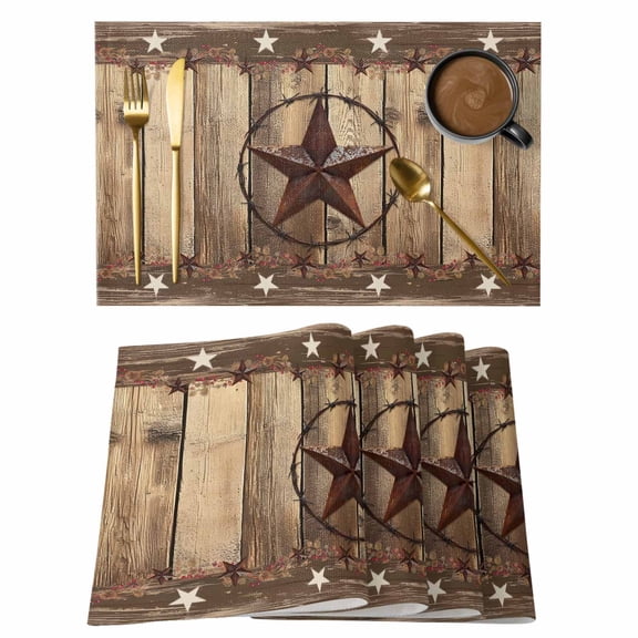 Retro Texas Star Placemats Set of 8, Bless Our Home Farmhouse Teal Beige Wood Grain Non-Slip Place Mats Washable Table Mats for Kitchen Dining Table Decorations Indoor/Outdoor