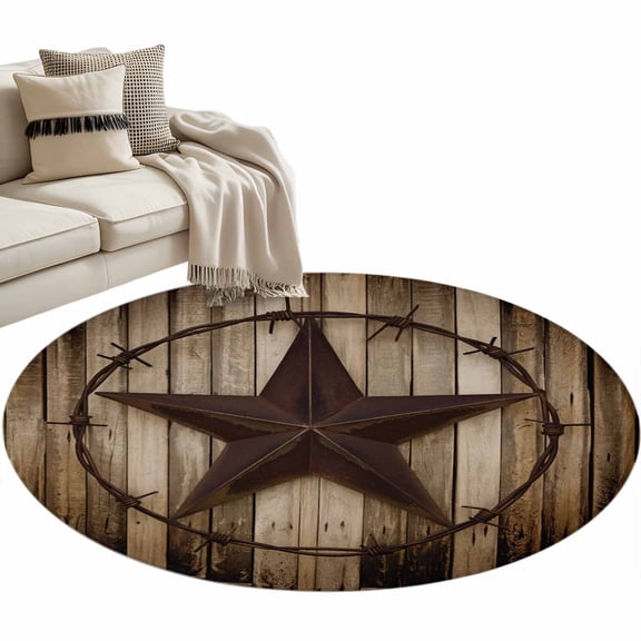 Retro Texas Star Round Area&nbsp;Rug 3.3ft Brown Wood Grain Wire Non-Slip&nbsp;Washable Circle Rugs Soft Felt Indoor Floor Mat for Bedroom Kitchen Living Room Bathroom