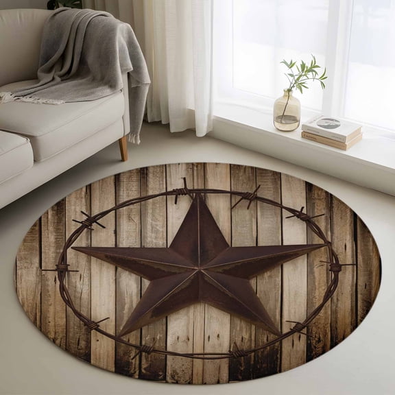 Retro Texas Star Round Rugs for Living Room 3ft Brown Wood Grain Wire Non Slip Circle Rug Washable Low-Profile Indoor Carpet for Bedroom, Dining Room, Bathroom