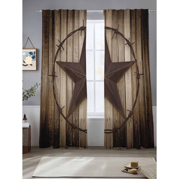 Retro Texas Star Sheer Curtains 2 Panels Set, 52" W x 84" L Brown Wood Grain Wire Light Filtering Rod Pocket Voile Drapes, Window Sheer Curtains for Living Room/Bedroom