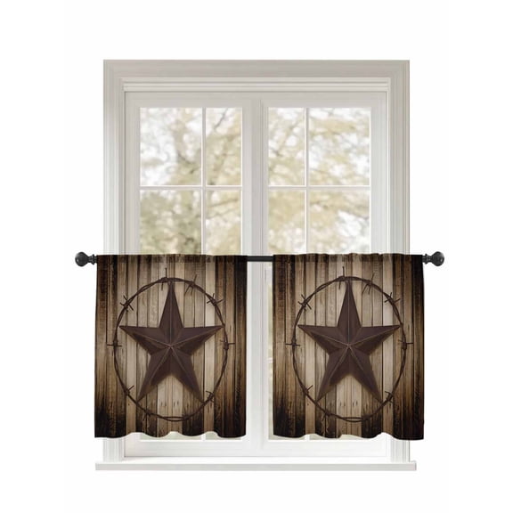 Retro Texas Star Sheer Curtains 2 Panels Set Brown Wood Grain Wire Lihgt Filtering Rod Pocket Voile Drape, Semi Sheer Window Curtains for Bedroom Living Room, 52"x54"