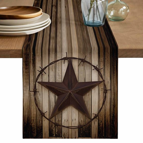 Retro Texas Star Table Runner, Brown Wood Grain Wire Cotton Linen Kitchen Table Decoration Washable Dining Tabletop Runners for Home Party Decor 13x48 Inches