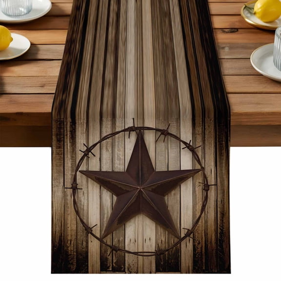 Retro Texas Star Table Runner, Brown Wood Grain Wire Cotton Linen Table Cloth, Tablerunner for Kitchen Dining Party Wedding Home Decor 13x36 Inch