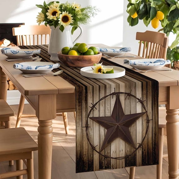 Retro Texas Star Table Runner, Brown Wood Grain Wire Washable Kitchen Table Runners Dress Scarves for Dining Table Decorations Party/Restaurant/Indoor Outdoor Use, 13x36in