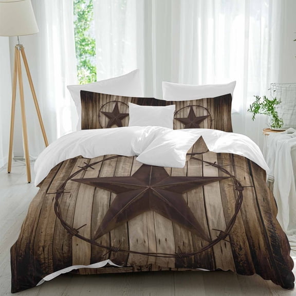 Retro Texas Star Twin Size Comforter Set, Brown Wood Grain Wire Bedding for All Seasons, 4 Pcs Bed Set, 1 Quiltcover (68"x86") ,1Sheet(67"x116"), 2Pillowcases (30"x20")