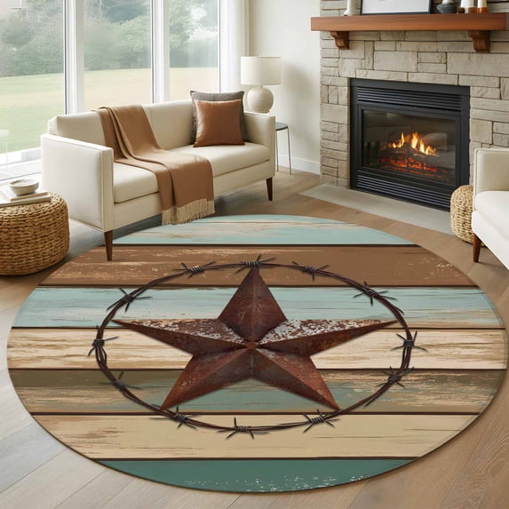 Retro Texas Star Washable Round Area Rug 6 ft, Vintage Country Star, Soft Non Slip Rugs Stain Repellent Indoor Felt Carpet for Living Dining Room Bedroom Home Office