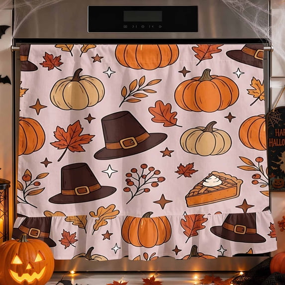 Retro Thanksgiving Oven Door Cover, Pilgrim Hat Pumpkin Pie Fall Leaf Cotton‑Blend Kitchen Stove Curtain, Self‑Adhesive Oven Curtain Skirt 30 x 25.2 Inch