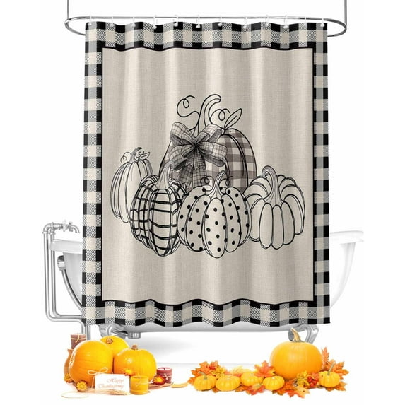 Retro Thanksgiving Pumpkin Fall Black and White Buffalo Plaid Shower Curtain Set ,Waterproof Fabric Shower Curtains Shower Curtains for Bathroom,Bathroom Decor 54x"78"