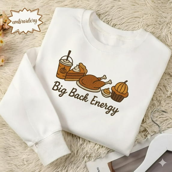 Retro Thanksgiving Turkey Embroidered T-Shirt | Funny Big Back Energy Holiday Tee | Vintage Fall Turkey Day Shirt for Autumn Vibes