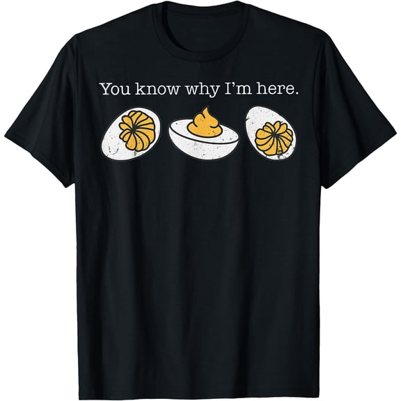 Retro Thanksgiving You Know Why I'm Here Deviled Egg T-Shirt - Unisex-Adults & Kids - Black - Small - Short Sleeve - T-Shirt
