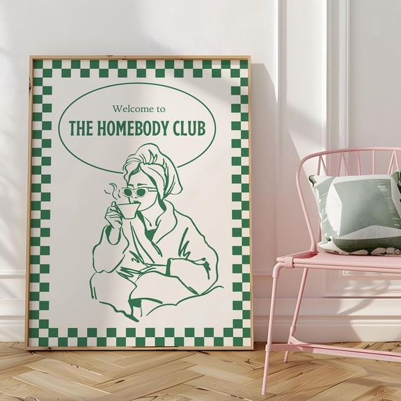 Retro The Homebody Club Green Girly Introvert Art Poster, Unframed Size 24x36