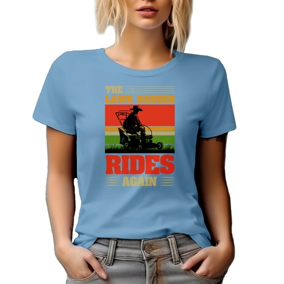 Retro The Lawn Ranger, Rides Again, Funny Lawn Mower Pun Quote, Baby Blue T-Shirt, Large
