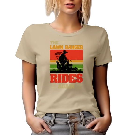 Retro The Lawn Ranger, Rides Again, Funny Lawn Mower Pun Quote, Tan T-Shirt, Large