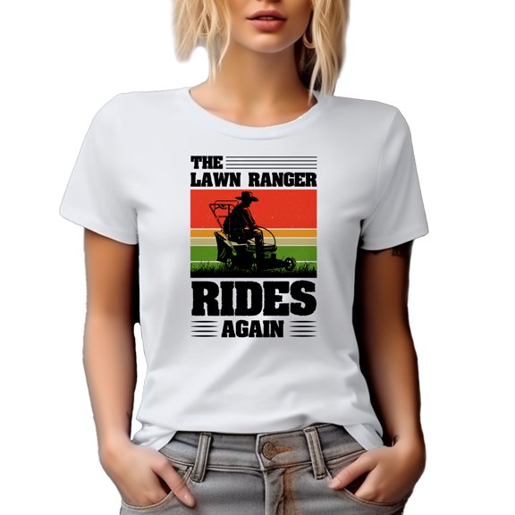 Retro The Lawn Ranger, Rides Again, Witty Lawn Mower Pun Quote, White T-Shirt, XL