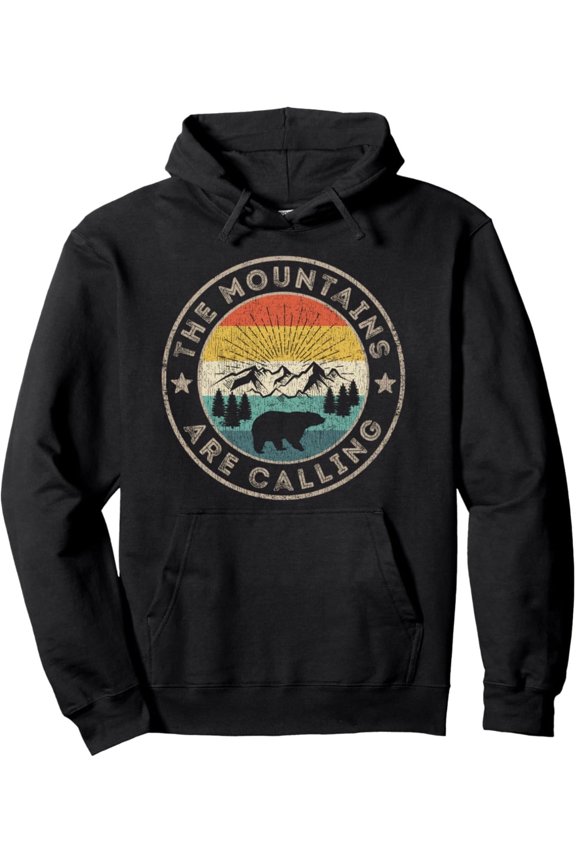 Retro The Mountains Are Calling Pullover Hoodie, Statement Hooded Sweatshirt with Pockets, Practical and Stylish