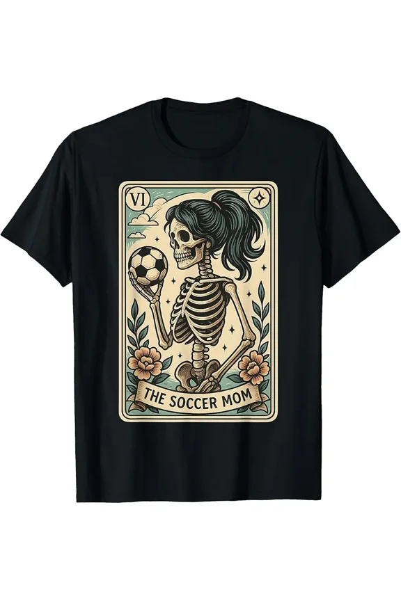 Retro The Soccer Mom Tarot Card Skeleton Graphic T-Shirt - Vintage Goth Aesthetic Soccer Mother Gift - Funny Sports Skeleton Women's Tee