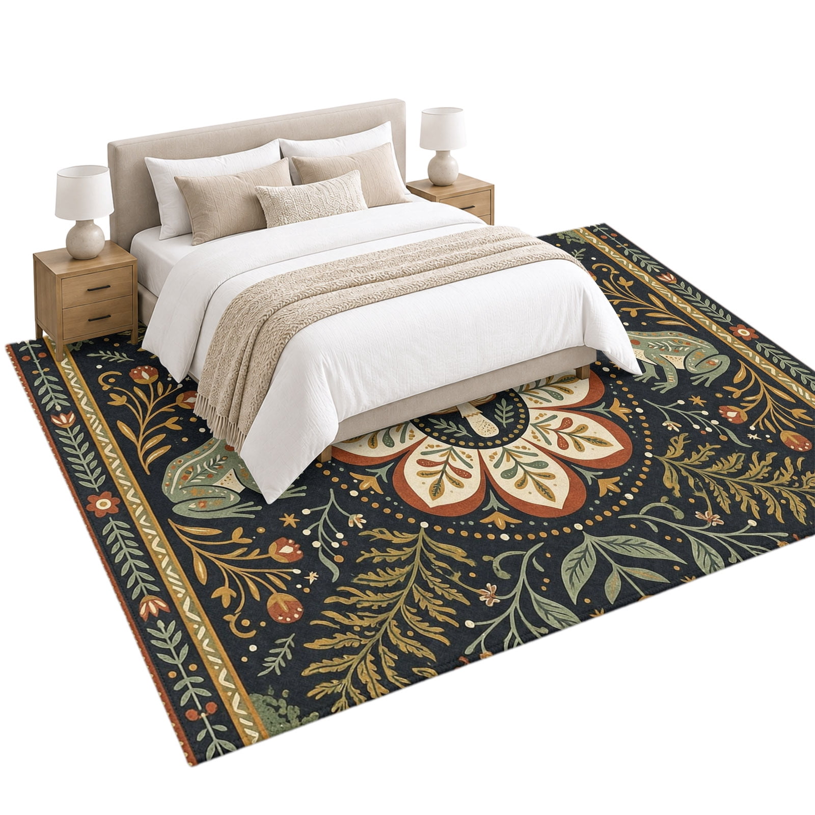 Retro Theme Area Rug 5'x8', Mushroom Snail Forest Plants and Flowers ...