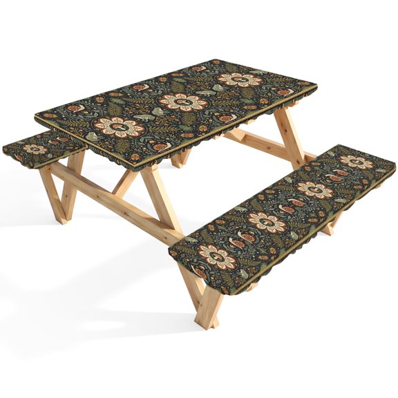 Retro Theme Picnic Table Cover with Bench Covers Mushroom Snail Forest Plants and Flowers Stars Waterproof Fitted Picnic Tablecloth 3 Pieces Set Table Cloth for Outdoor Camping Garden BBQ