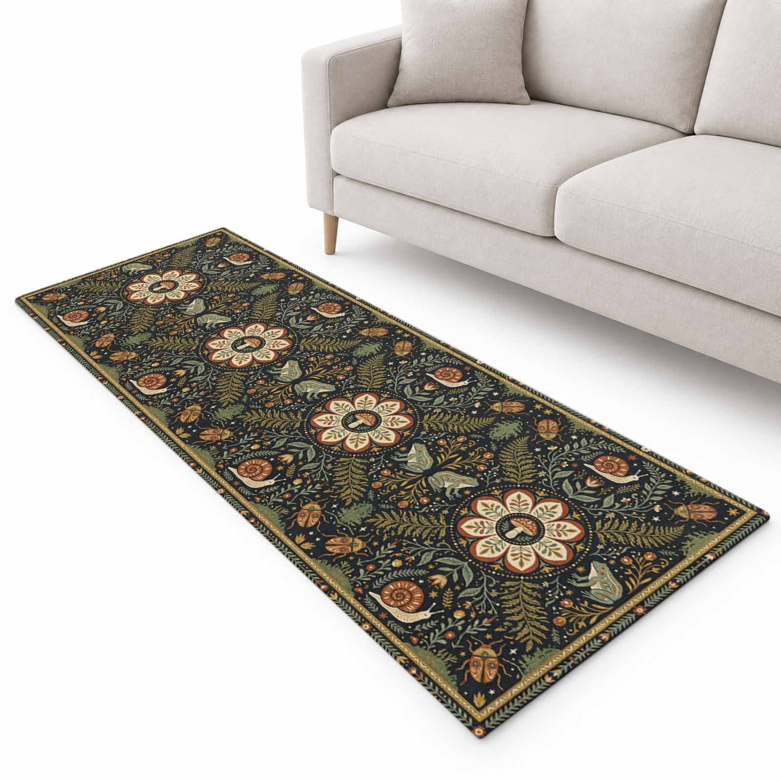 Retro Theme Runner Rug 2.6'x8', Mushroom Snail Forest Plants and ...