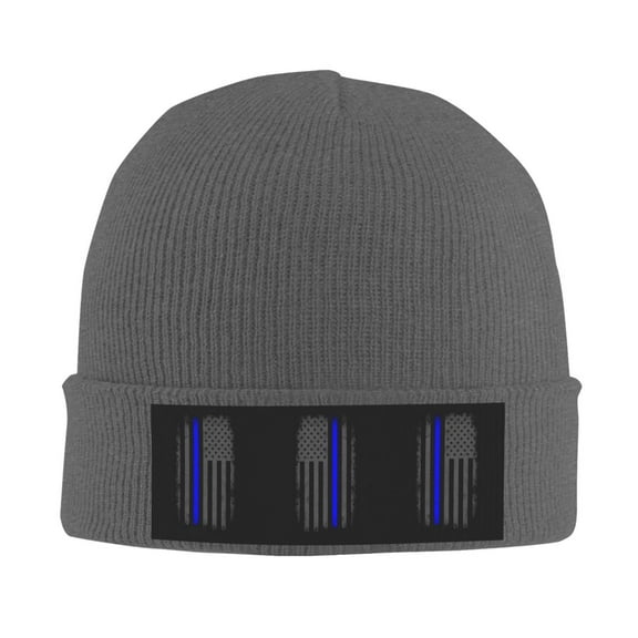 Retro Thin Blue Line Flag Winter Beanie Hats for Men Women Warm Cozy Knitted Cuffed Skull Cap Deep Heather