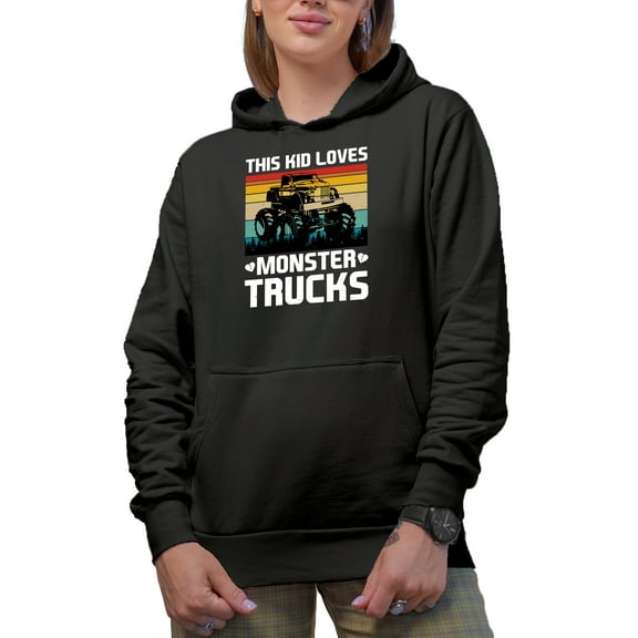 Retro This Kid Loves Monster Trucks - Truck Lover or Enthusiast, Black Hooded Sweatshirt or Hoodie, XL