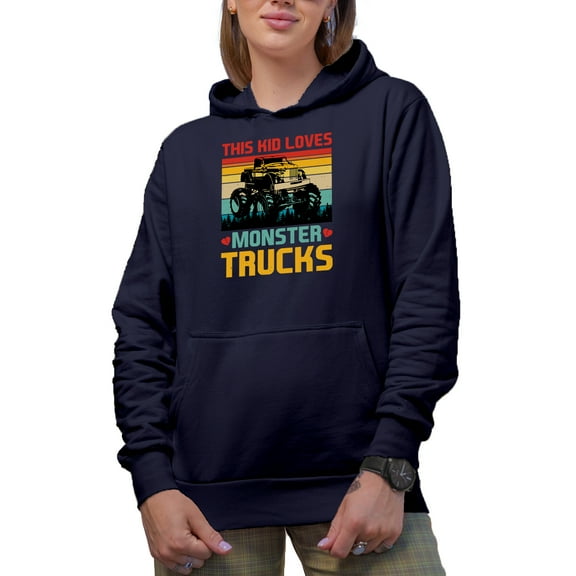 Retro This Kid Loves Monster Trucks, Truck Lover or Enthusiast, Navy Blue Hooded Sweatshirt or Hoodie, XL