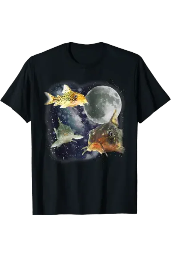 Retro Three Corydoras Catfish Howling At The Moon Graphic T-Shirt